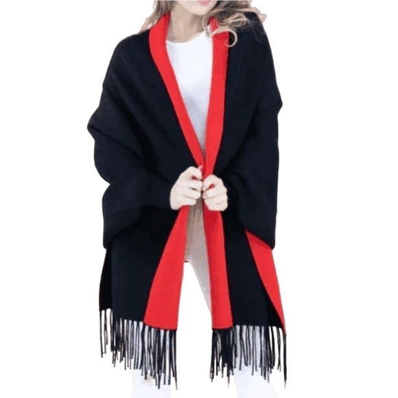 Black and Red Reversible Shawl Sweater Cape Open Poncho Fringe Tassels OS 4-14 - Picture 6 of 14